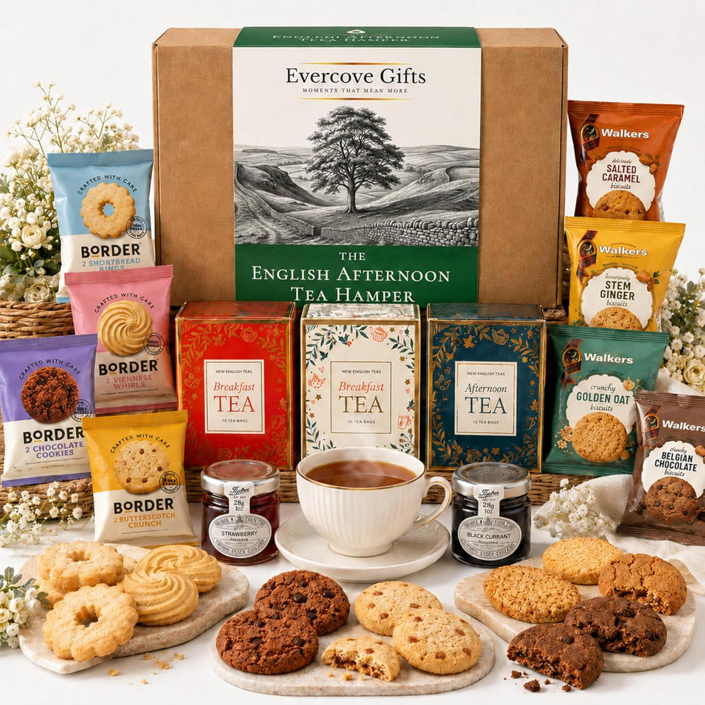 A curated tea and cookie gift set arranged in front of a large Evercove Gifts box. The set includes multiple tea boxes in red, green, blue, and white, several packaged Walker cookies, two jars of jam, a white teacup of tea, and multiple assorted cookies on platters, all photographed on a clean white background with floral props.