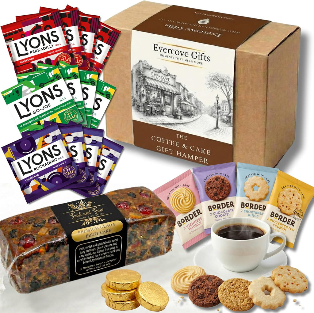 Evercove Gifts coffee and cake gift hamper set, featuring a brown cardboard box with a vintage-style label, assorted Lyons coffee bags, packaged cake pieces, Border chocolate and coffee biscuits, and a cup of black coffee on a white background.